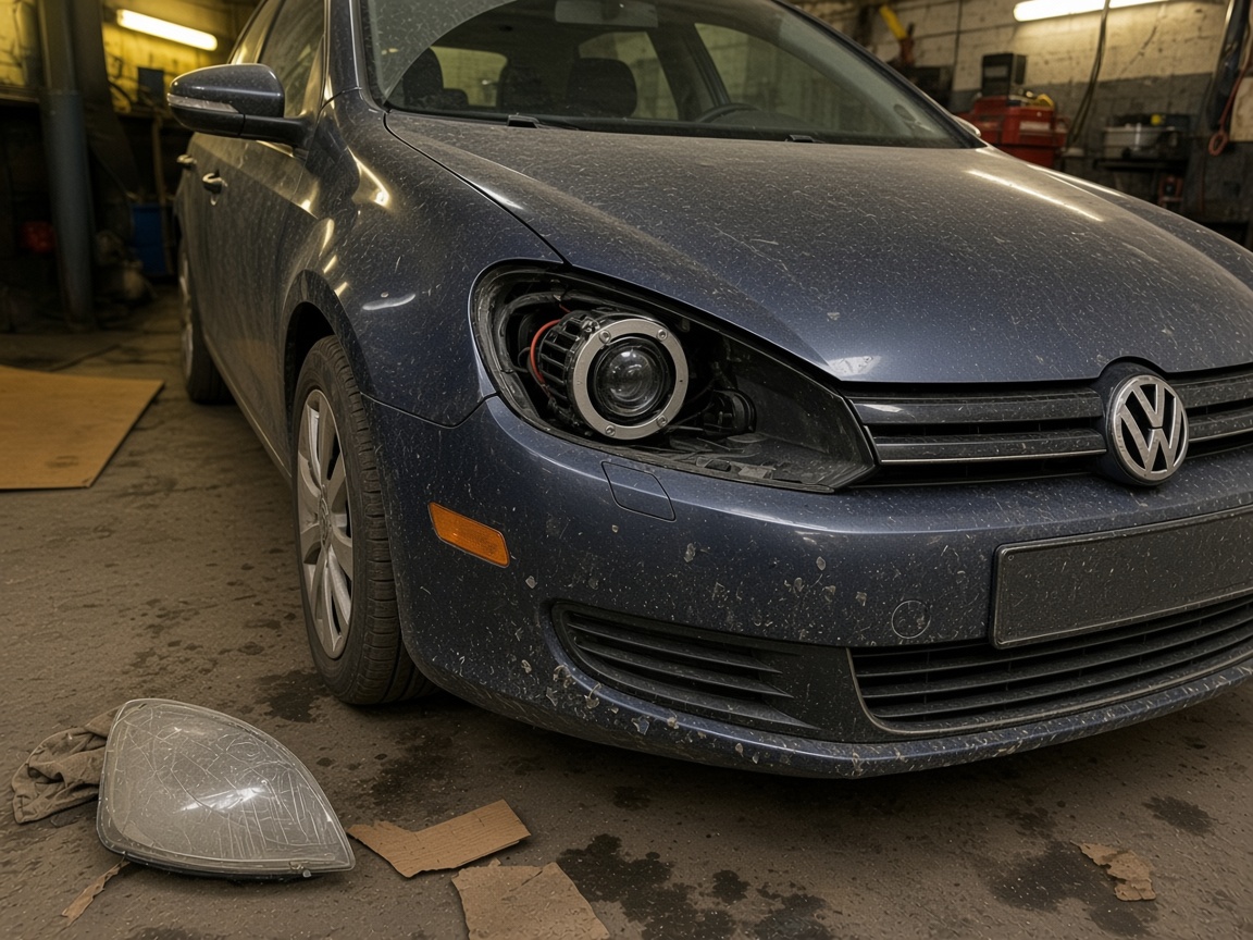 Volkswagen Golf 6 в боксе: стекло снято, в галогенную чашку сажают BI-LED