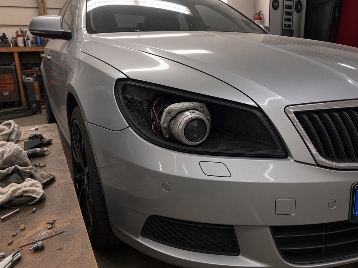 Skoda Octavia в боксе: стекло снято, в чашку сажают BI-LED модуль